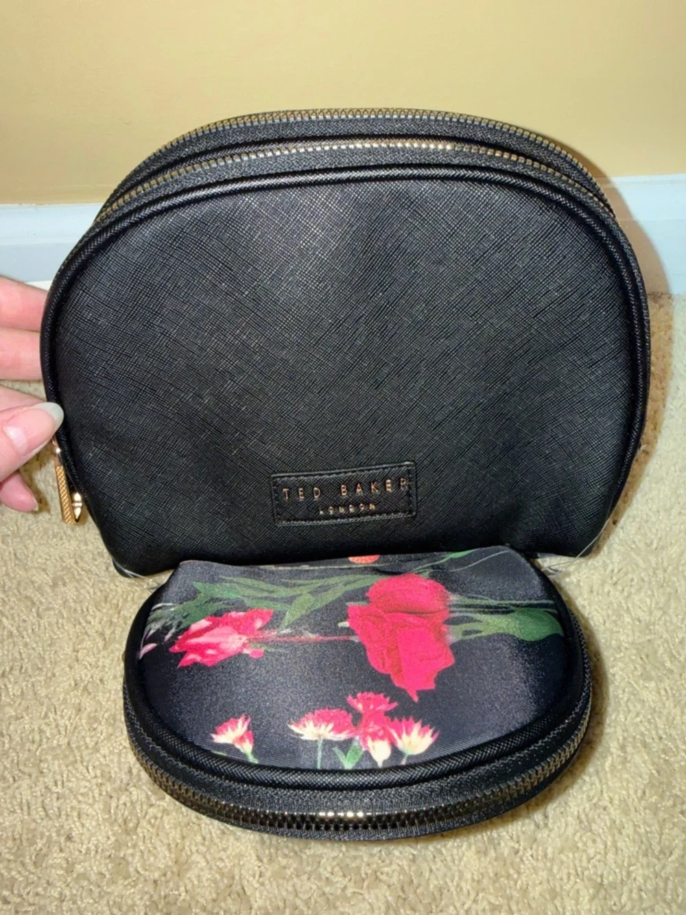 Ted Baker Black Floral Makeup Pouch with Pink Blooms